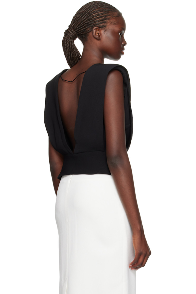 Polyester crepe tank top. 

· Layered construction
· Plunging V-neck
· Padded shoulders
· Low back
· Partial satin lining

Supplier color: Black