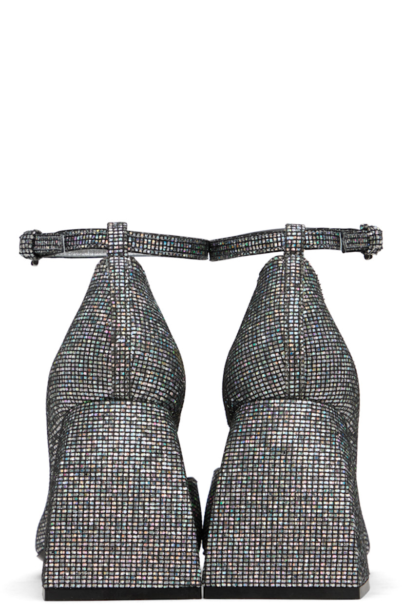 Glittered calfskin suede heels in silver-tone. 

· Square toe
· Pin-buckle ankle strap
· Logo printed at padded goatskin footbed
· Grained leather lining
· Covered block heel with rubber injection
· Leather sole
· Heel: H3.25 in

Supplier color: Glitterball