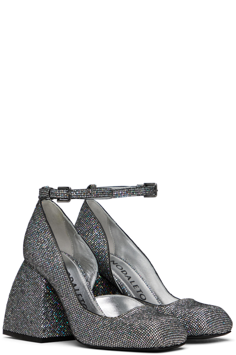Glittered calfskin suede heels in silver-tone. 

· Square toe
· Pin-buckle ankle strap
· Logo printed at padded goatskin footbed
· Grained leather lining
· Covered block heel with rubber injection
· Leather sole
· Heel: H3.25 in

Supplier color: Glitterball