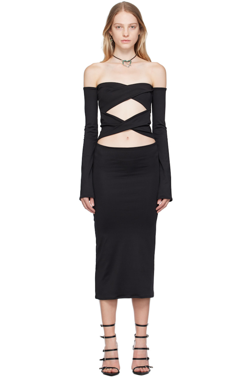 Stretch polyester jersey dress.

· Off-the-shoulder construction
· Sweetheart neck
· Twisted detailing and cutouts at front

Supplier color: Black