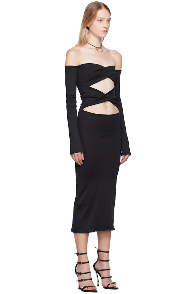 Stretch polyester jersey dress.

· Off-the-shoulder construction
· Sweetheart neck
· Twisted detailing and cutouts at front

Supplier color: Black