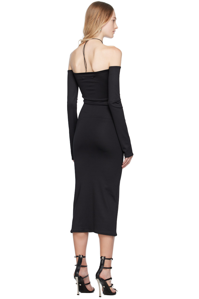 Stretch polyester jersey dress.

· Off-the-shoulder construction
· Sweetheart neck
· Twisted detailing and cutouts at front

Supplier color: Black