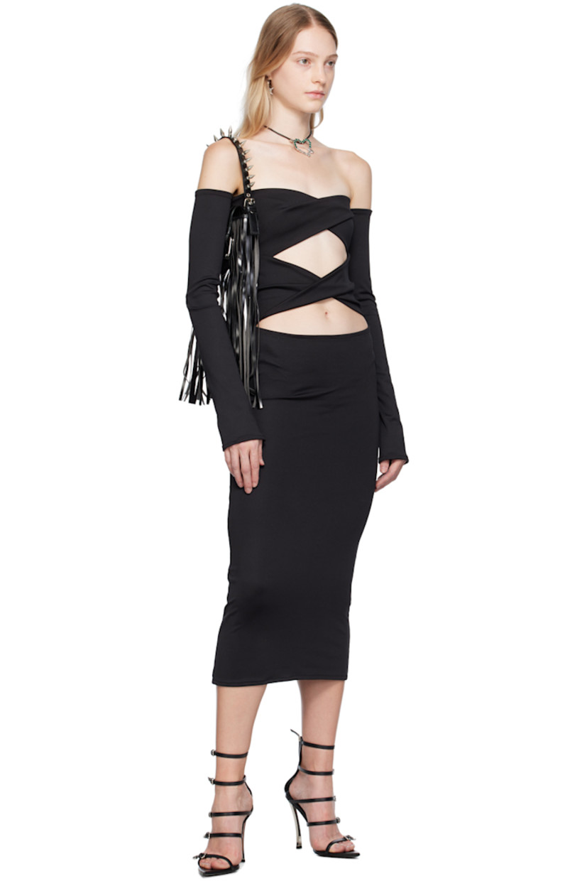 Stretch polyester jersey dress.

· Off-the-shoulder construction
· Sweetheart neck
· Twisted detailing and cutouts at front

Supplier color: Black