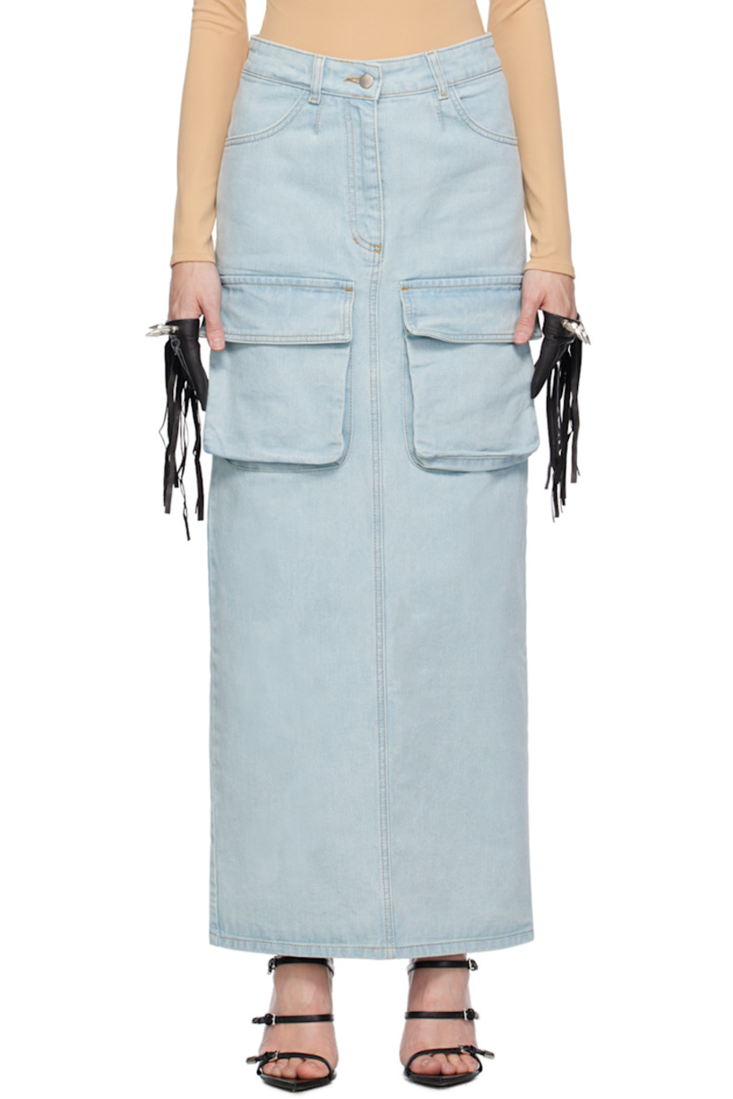 Non-stretch denim skirt. Fading throughout.

· Belt loops
· Four-pocket styling
· Zip-fly
· Cargo pockets at front
· Central vent at back hem
· Contrast stitching in tan

Supplier color: Pale blue