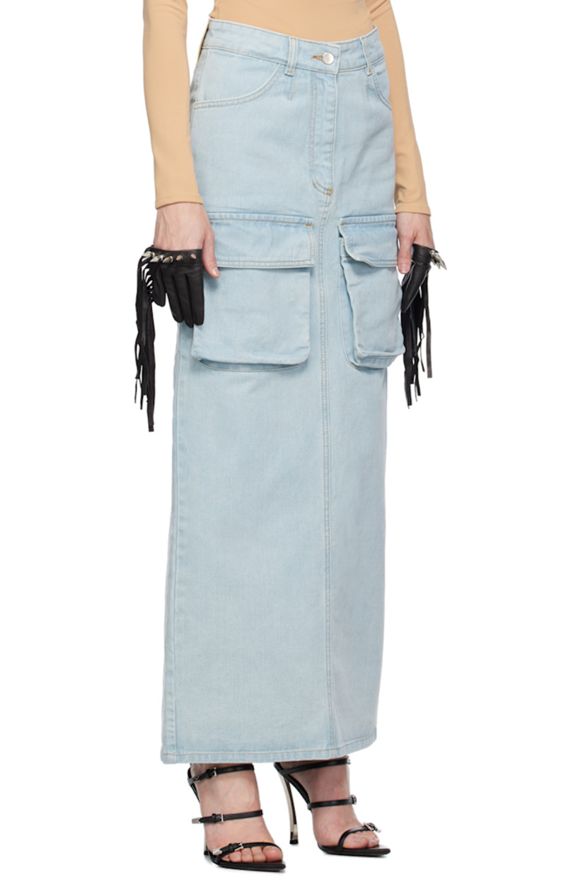 Non-stretch denim skirt. Fading throughout.

· Belt loops
· Four-pocket styling
· Zip-fly
· Cargo pockets at front
· Central vent at back hem
· Contrast stitching in tan

Supplier color: Pale blue
