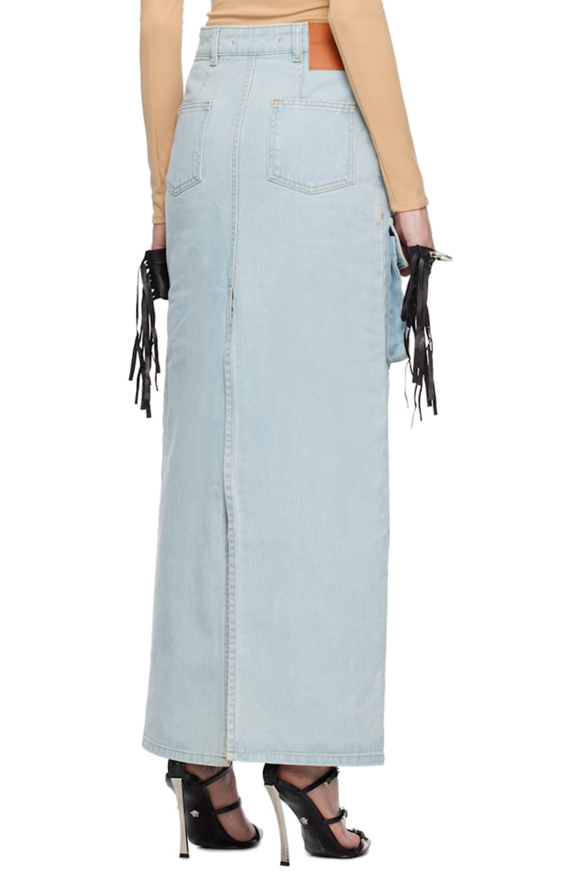 Non-stretch denim skirt. Fading throughout.

· Belt loops
· Four-pocket styling
· Zip-fly
· Cargo pockets at front
· Central vent at back hem
· Contrast stitching in tan

Supplier color: Pale blue