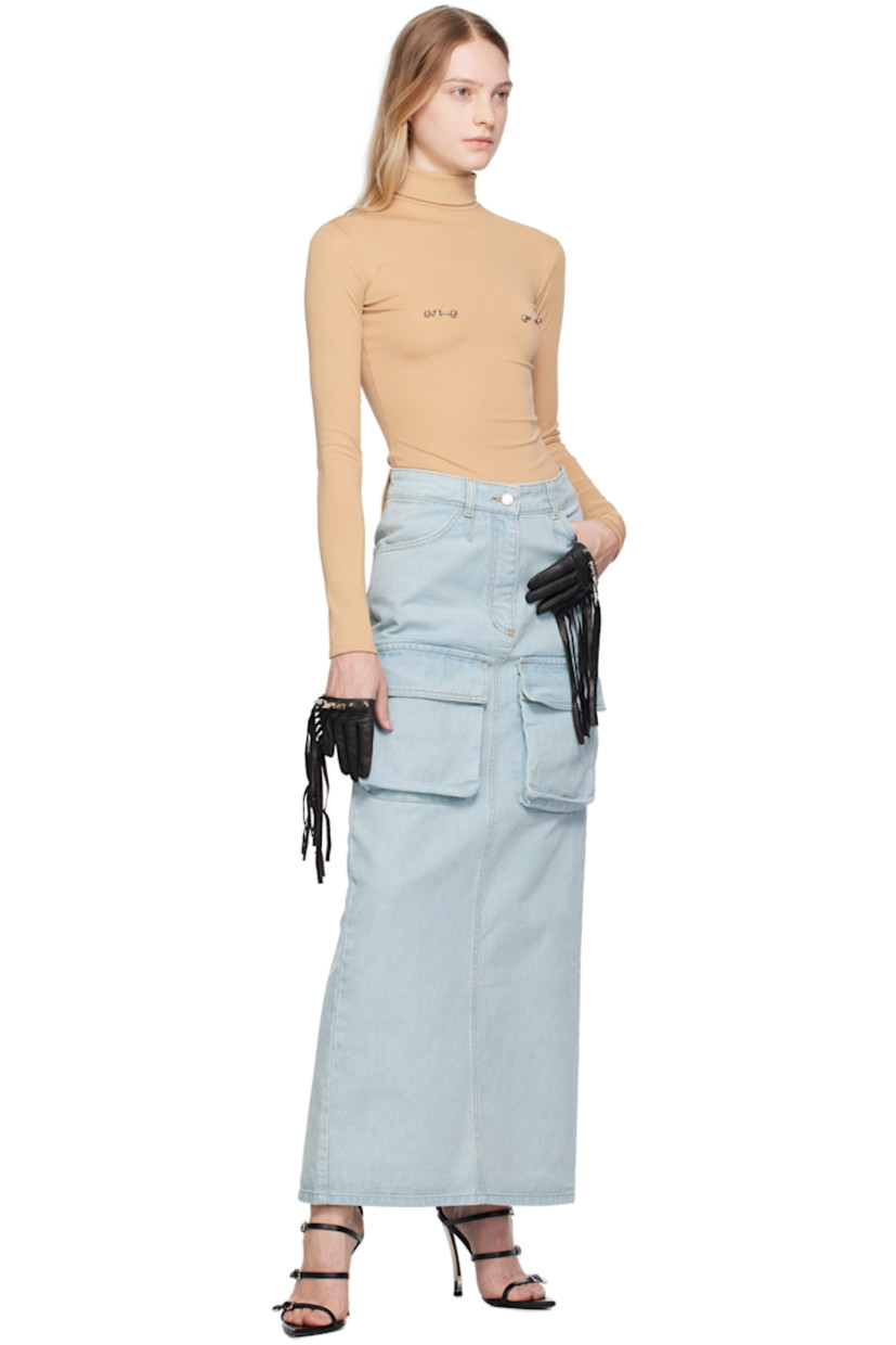 Non-stretch denim skirt. Fading throughout.

· Belt loops
· Four-pocket styling
· Zip-fly
· Cargo pockets at front
· Central vent at back hem
· Contrast stitching in tan

Supplier color: Pale blue