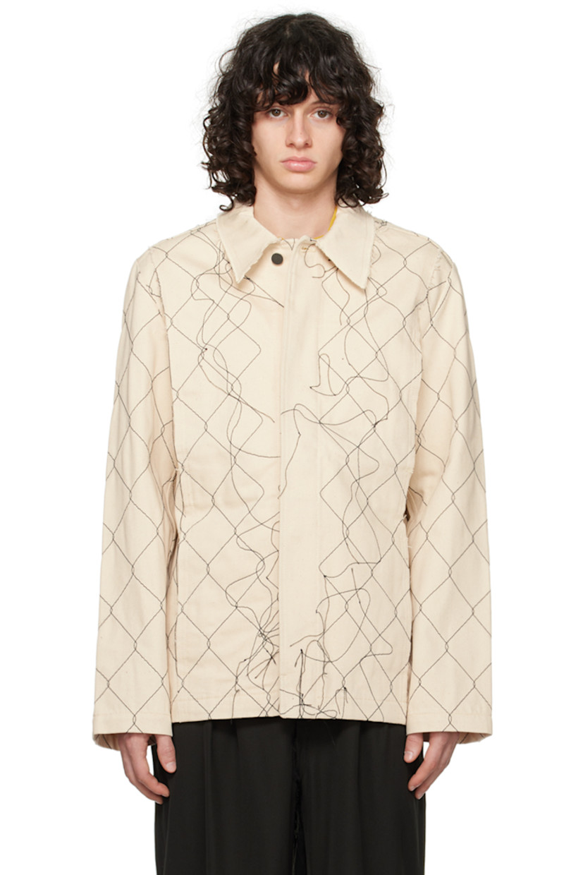 Handcrafted non-stretch organic cotton denim jacket. Embroidered graphic pattern, loose thread detailing, and raw edges throughout.

· Paneled construction
· Spread collar
· Concealed button closure
· Seam pockets
· Hand-stitched logo at back collar

Supplier color: Natural 2