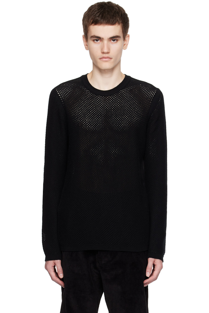 Semi-sheer open knit cashmere sweater. Rib knit crewneck, hem, and cuffs

Supplier color: Black