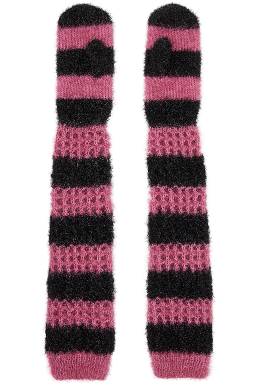 Paneled crocheted acrylic gloves in pink and black.

· Shag knit trim and metallic thread detailing throughout
· Rib knit cuffs

Supplier color: Pink/Black