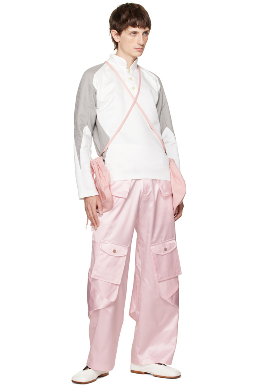 Polyester twill and stretch cotton twill polo. Detachable drawstring pouches with crisscrossing straps. 

· Paneled construction
· Band collar
· Three-button placket
· Raglan sleeves

Available exclusively at SSENSE. 

Supplier color: Pink/Grey/White