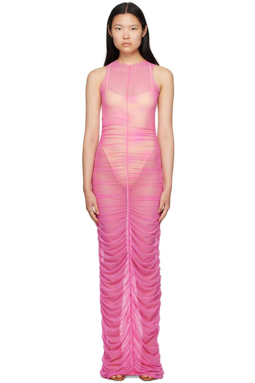 Handcrafted semi-sheer stretch polyester mesh dress. Ruching throughout.

· Raw edge at crewneck
· Central seam at front and back

Supplier color: Candy