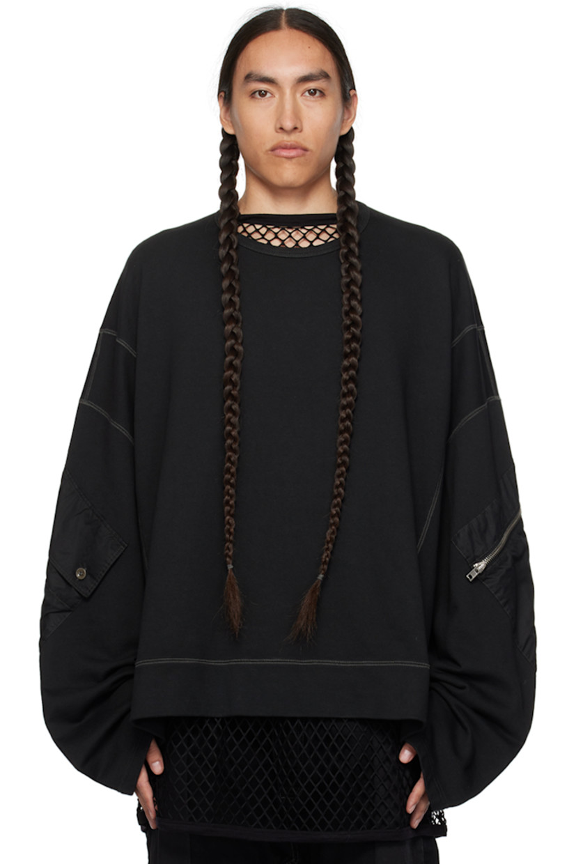 Handcrafted French terry sweatshirt.

· Paneled construction
· Rib knit crewneck and hem
· Dropped shoulders
· Zip and flap pocket at sleeves
· Contrast stitching in gray

Part of a limited run of 30. 

Supplier color: Black