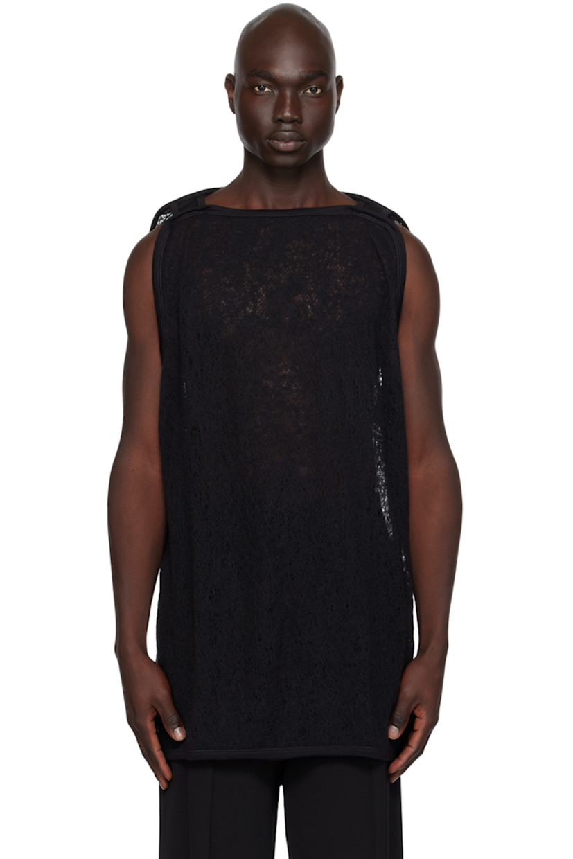 Handcrafted semi-sheer knit wool tank top. Rib knit boat neck, hem, and armscyes.

This item is part of a limited run of 15.

Supplier color: Black