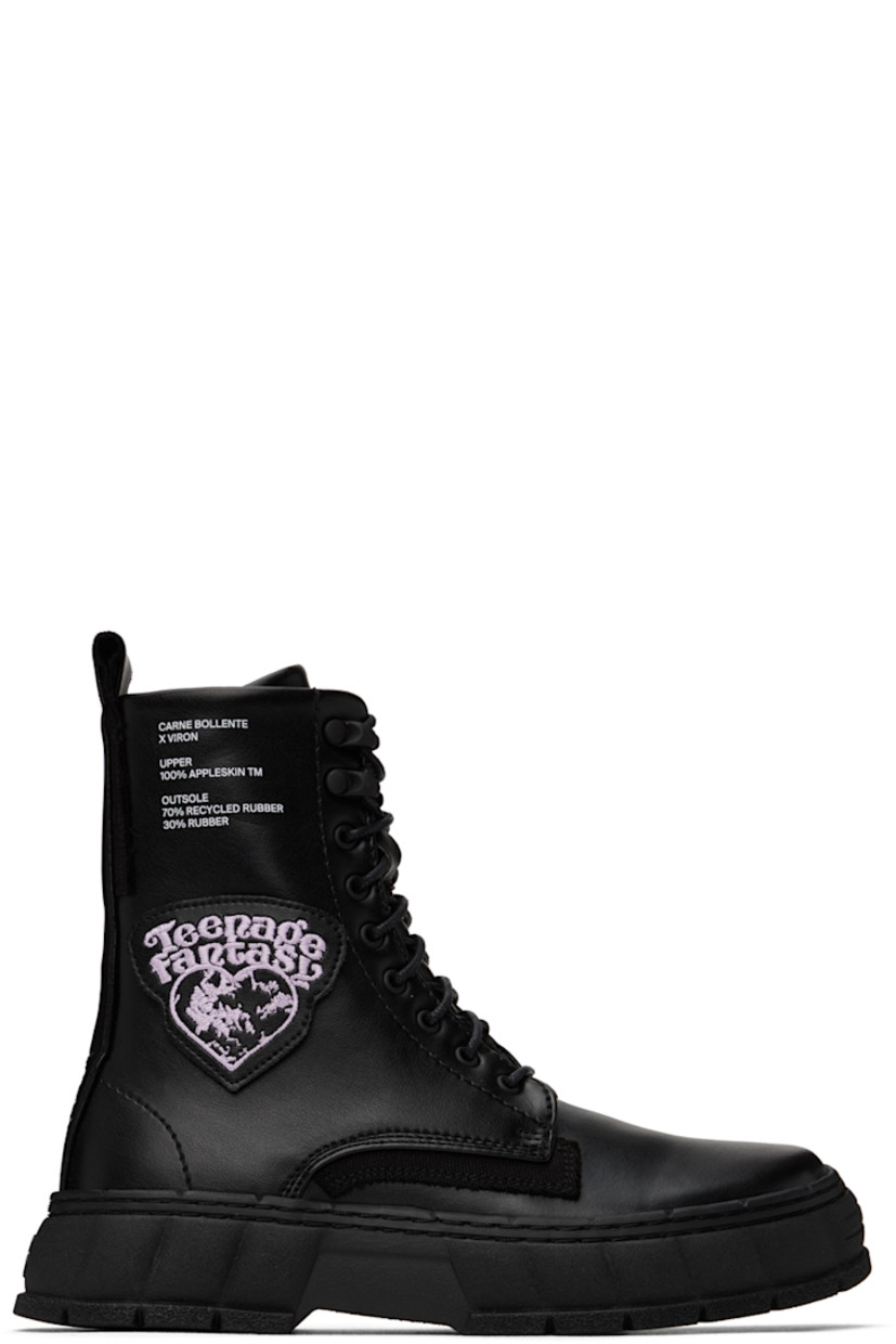 Handcrafted ankle-high PETA-certified buffed Appleskin™ faux-leather boots in black. Text printed and graphic patch at outer side.

· Lace-up closure
· Logo printed at tongue
· Pull-loop at heel collar
· Logo embossed at heel counter
· Grained faux-leather lining
· Textured rubber midsole
· Treaded rubber outsole

Part of the Virón x Carne Bollente collaboration. 

Supplier color: Black