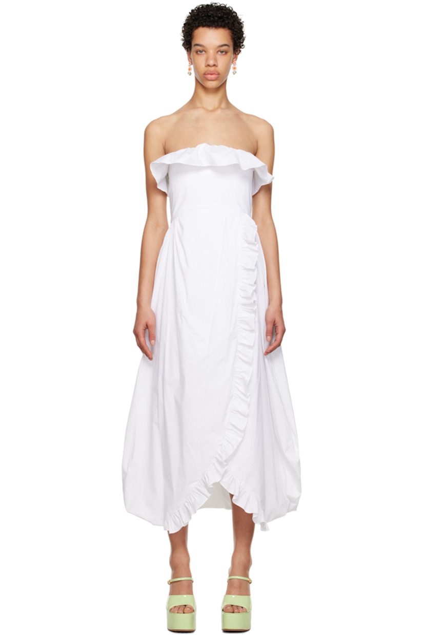 Stretch cotton poplin dress. Ruffled trim throughout. 

· Off-the-shoulder and asymmetrical construction
· Straight neck 
· Pleats at waist 
· Lapped vent at hem 
· Seam pockets 
· Concealed zip closure at back 

Supplier color: White