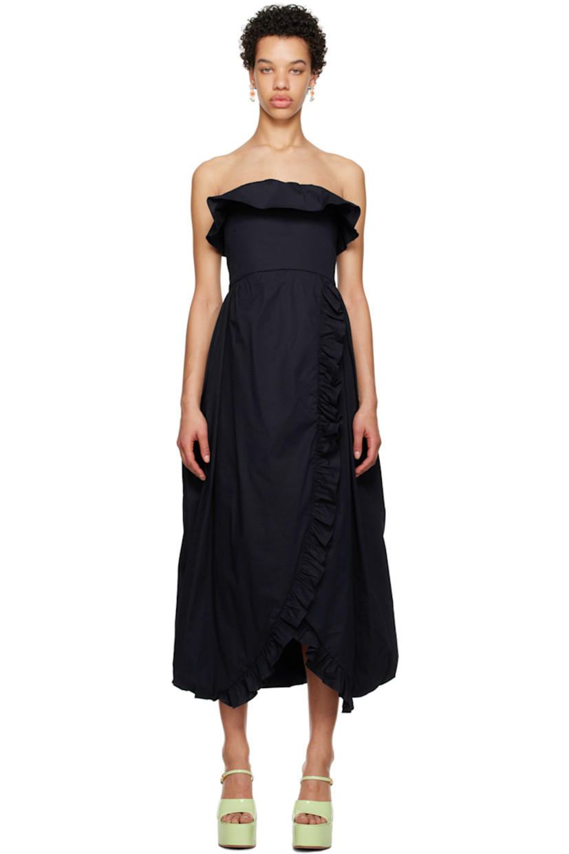 Stretch cotton poplin dress. Ruffled trim throughout. 

· Off-the-shoulder and asymmetrical construction
· Straight neck 
· Pleats at waist 
· Lapped vent at hem 
· Seam pockets 
· Concealed zip closure at back 

Available exclusively at SSENSE. 

Supplier color: Navy