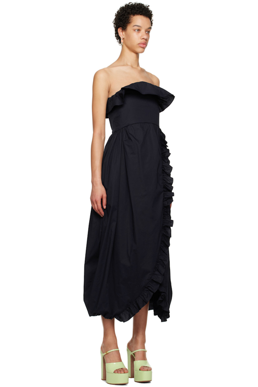 Stretch cotton poplin dress. Ruffled trim throughout. 

· Off-the-shoulder and asymmetrical construction
· Straight neck 
· Pleats at waist 
· Lapped vent at hem 
· Seam pockets 
· Concealed zip closure at back 

Available exclusively at SSENSE. 

Supplier color: Navy