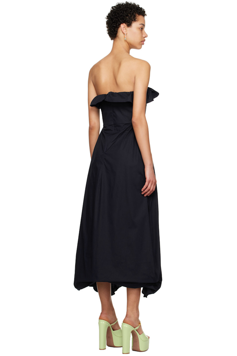 Stretch cotton poplin dress. Ruffled trim throughout. 

· Off-the-shoulder and asymmetrical construction
· Straight neck 
· Pleats at waist 
· Lapped vent at hem 
· Seam pockets 
· Concealed zip closure at back 

Available exclusively at SSENSE. 

Supplier color: Navy