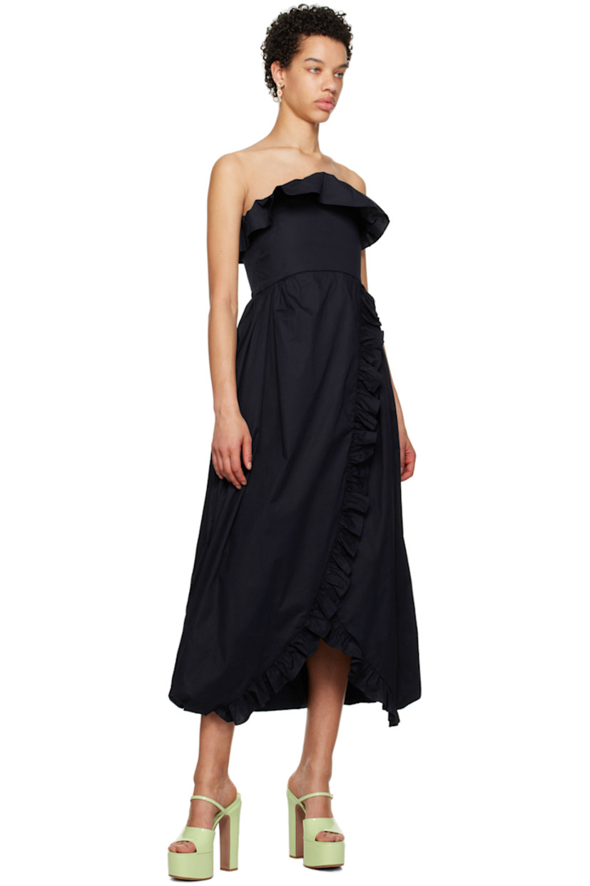 Stretch cotton poplin dress. Ruffled trim throughout. 

· Off-the-shoulder and asymmetrical construction
· Straight neck 
· Pleats at waist 
· Lapped vent at hem 
· Seam pockets 
· Concealed zip closure at back 

Available exclusively at SSENSE. 

Supplier color: Navy