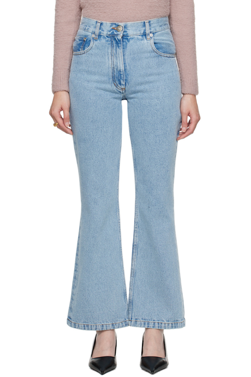 Flared non-stretch organic cotton denim jeans.

· Belt loops
· Five-pocket styling
· Zip-fly
· Leather logo patch at back waistband
· Logo-engraved silver-tone hardware
· Contrast stitching in tan

Supplier color: Light blue organic denim