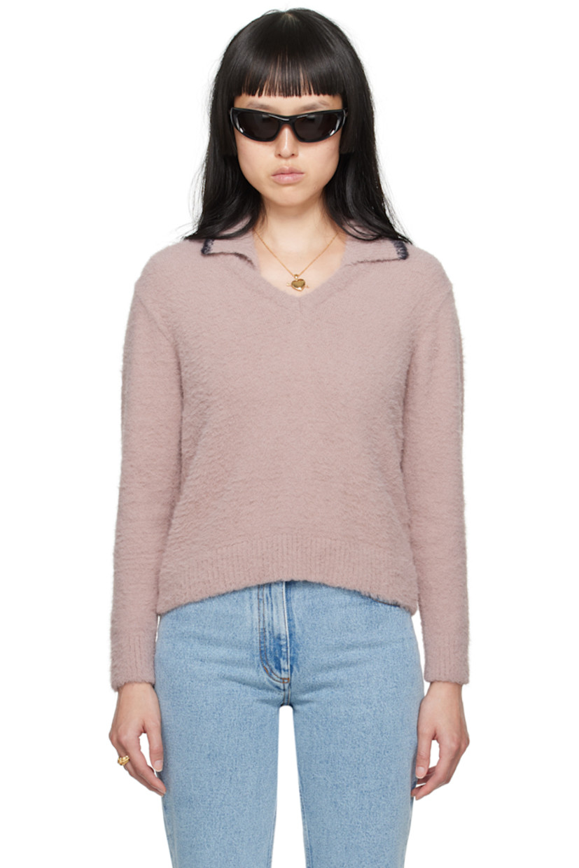 Shag knit nylon polo.

· Stripes at spread collar
· V-neck
· Rib knit hem and cuffs

Supplier color: Dusty pink