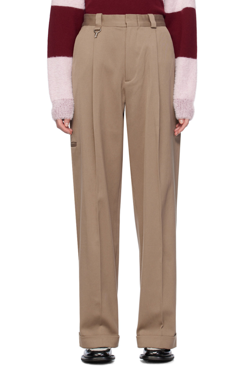 Wide-leg heavyweight cotton twill trousers. 

· High-rise
· Belt loops
· Four-pocket styling
· Zip-fly
· S-hook at pleated front
· Creased legs 
· Rolled cuffs
· Welt pocket at outseam 

Supplier color: Porcini