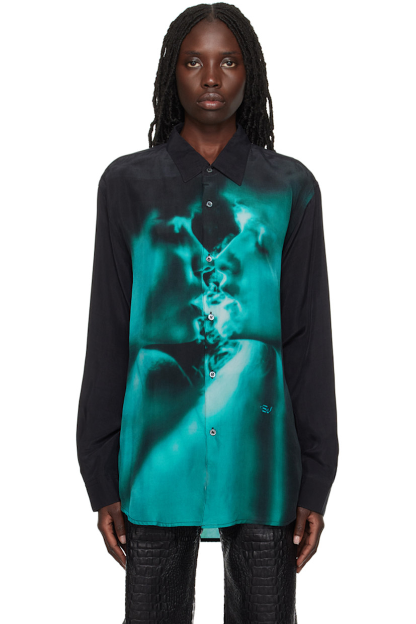 Cupro satin shirt. Graphic printed throughout.

· Spread collar
· Logo patch at button closure
· Logo embroidered at front
· Shirttail hem
· Adjustable single-button barrel cuffs
· Box pleat at back yoke

Supplier color: Teal smoke