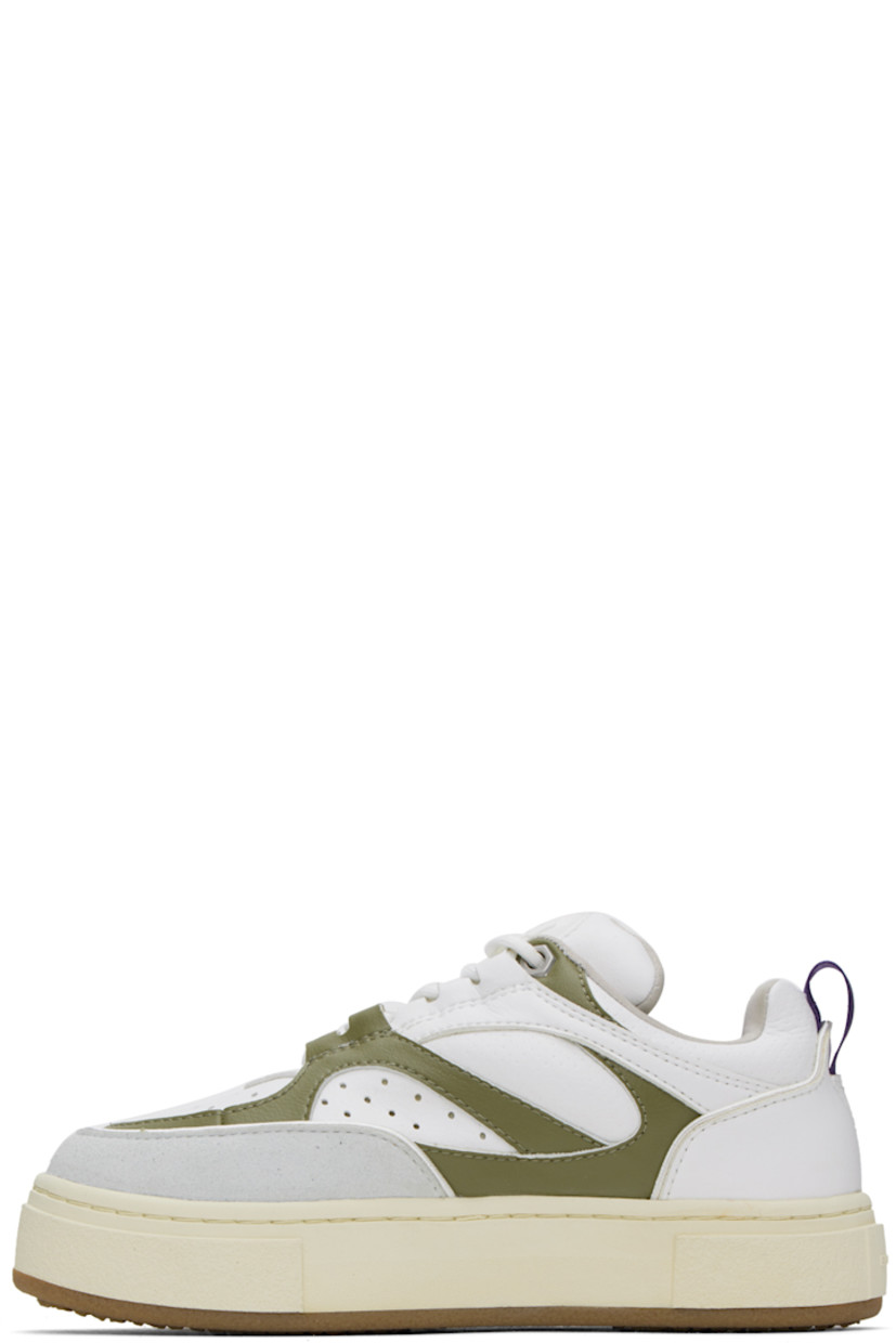 Low-top paneled buffed faux-leather sneakers in white and green. 

· Faux-suede trim at toe
· Perforated detailing at toe and sides
· Lace-up closure
· Padded tongue and collar
· Pull-loop at heel tab 
· Logo embossed at heel 
· Jersey lining
· Textured rubber platform midsole
· Treaded rubber outsole
· Platform: H1.5 in

Supplier color: Vegan olio