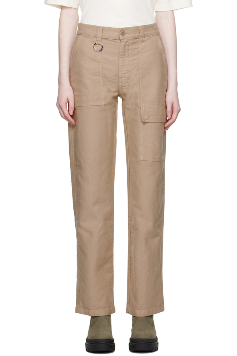 Organic cotton canvas trousers.

· Belt loops and keyring at waistband
· Four-pocket styling
· Zip-fly
· Flap pocket at leg
· Logo-engraved silver-tone hardware

Supplier color: Dyed sand used