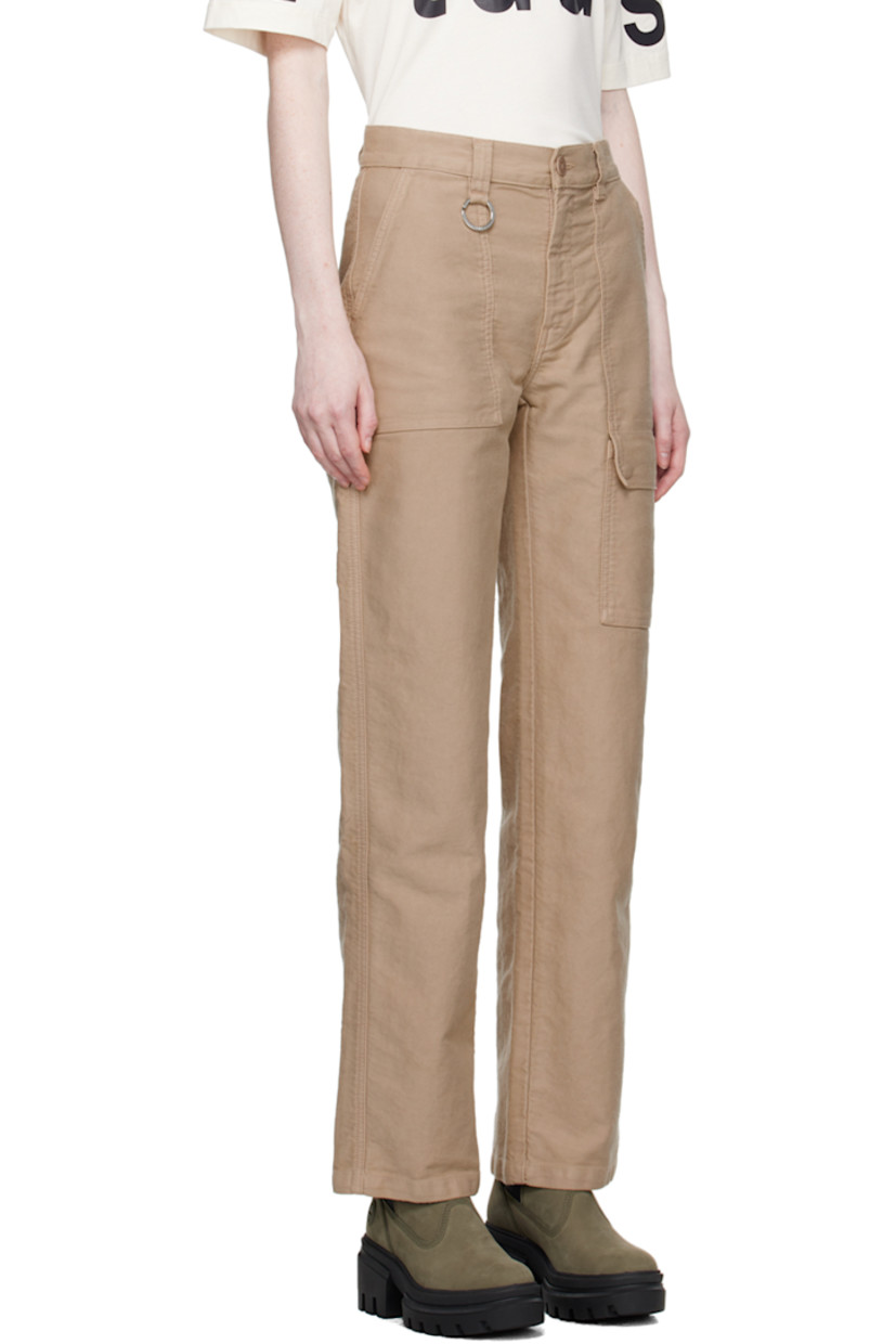 Organic cotton canvas trousers.

· Belt loops and keyring at waistband
· Four-pocket styling
· Zip-fly
· Flap pocket at leg
· Logo-engraved silver-tone hardware

Supplier color: Dyed sand used