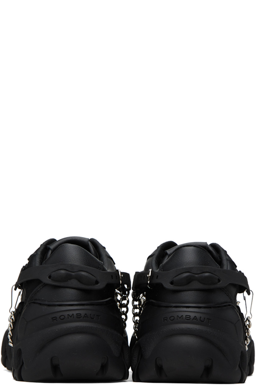 Handcrafted low-top paneled grained faux-leather sneakers in black. Detachable rubberized overlay with curb-chain accents.

· Lace-up closure
· Logo embossed at padded tongue and heel counter 
· Padded collar
· Rubberized logo appliqué at outer side
· Faux-leather lining
· Treaded TPU platform rubber sole
· Platform: H1.75 in

Supplier color: Black beyond leather