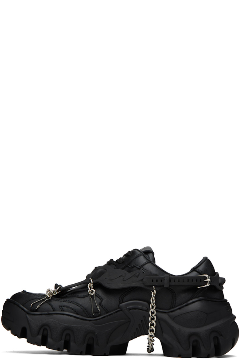 Handcrafted low-top paneled grained faux-leather sneakers in black. Detachable rubberized overlay with curb-chain accents.

· Lace-up closure
· Logo embossed at padded tongue and heel counter 
· Padded collar
· Rubberized logo appliqué at outer side
· Faux-leather lining
· Treaded TPU platform rubber sole
· Platform: H1.75 in

Supplier color: Black beyond leather