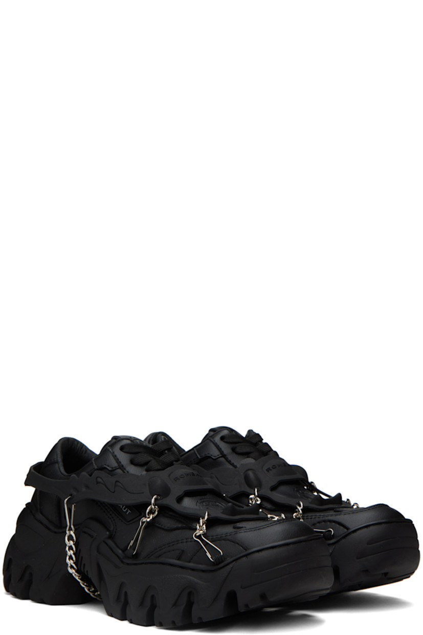 Handcrafted low-top paneled grained faux-leather sneakers in black. Detachable rubberized overlay with curb-chain accents.

· Lace-up closure
· Logo embossed at padded tongue and heel counter 
· Padded collar
· Rubberized logo appliqué at outer side
· Faux-leather lining
· Treaded TPU platform rubber sole
· Platform: H1.75 in

Supplier color: Black beyond leather