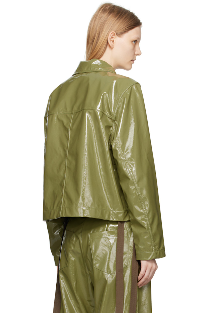 Crinkled resin-coated faux-leather jacket. 

· Spread collar
· Button closure
· Patch pockets and welt pockets
· Drawstrings at cropped hem
· Full twill lining

Supplier color: Olive green