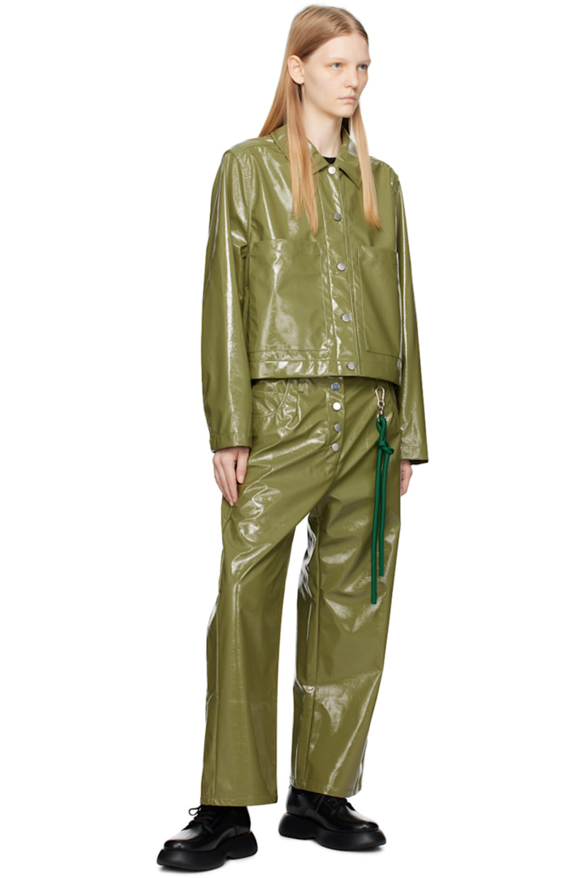 Crinkled resin-coated faux-leather jacket. 

· Spread collar
· Button closure
· Patch pockets and welt pockets
· Drawstrings at cropped hem
· Full twill lining

Supplier color: Olive green