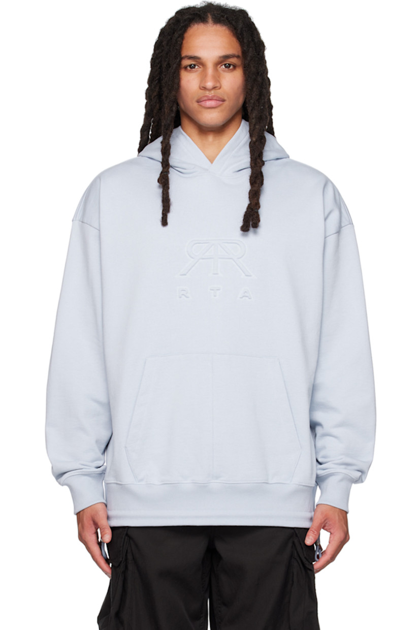French terry hoodie. 

· Logo embossed at front 
· Kangaroo pocket
· Bungee-style drawstring at hem
· Rib knit hem and cuffs


Supplier color: Steel blue