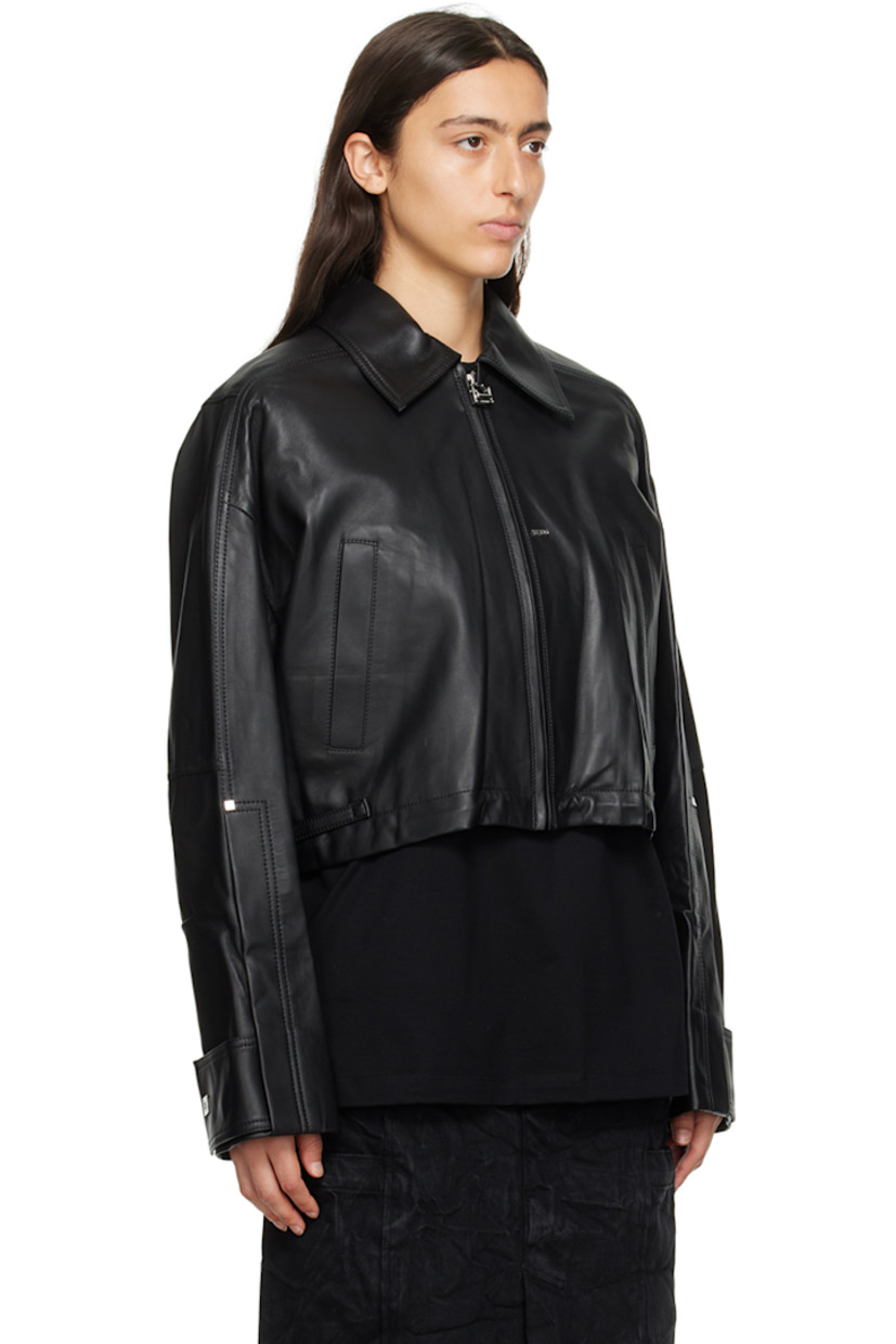 Grained nappa lambskin jacket. 

· Spread collar
· Zip closure
· Logo hardware at chest and back collar
· Welt pockets
· Cinch straps at hem
· Concealed bungee-style drawstring at cropped hem
· Press-stud tab at cuffs
· Full satin lining

Supplier color: Black
