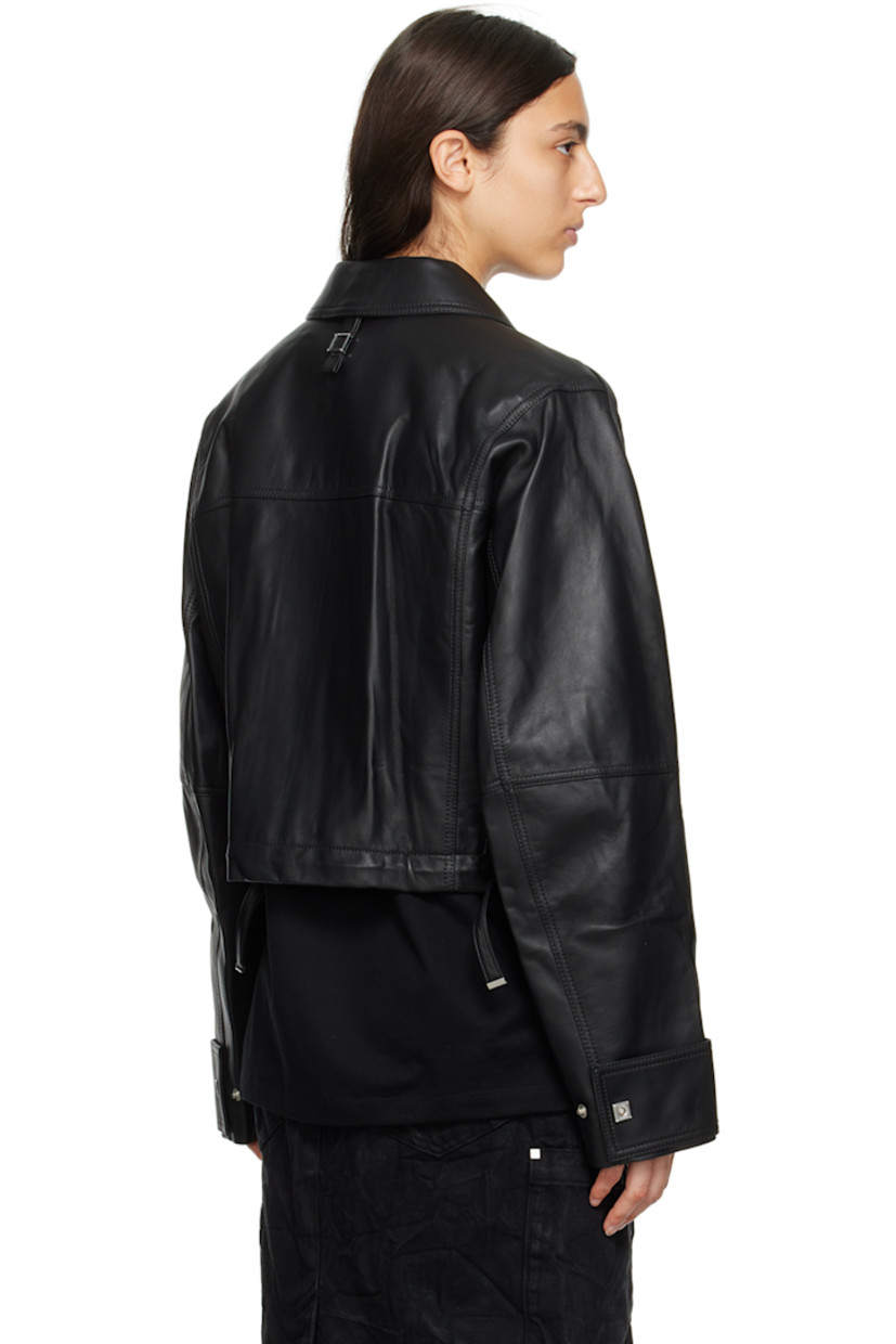 Grained nappa lambskin jacket. 

· Spread collar
· Zip closure
· Logo hardware at chest and back collar
· Welt pockets
· Cinch straps at hem
· Concealed bungee-style drawstring at cropped hem
· Press-stud tab at cuffs
· Full satin lining

Supplier color: Black
