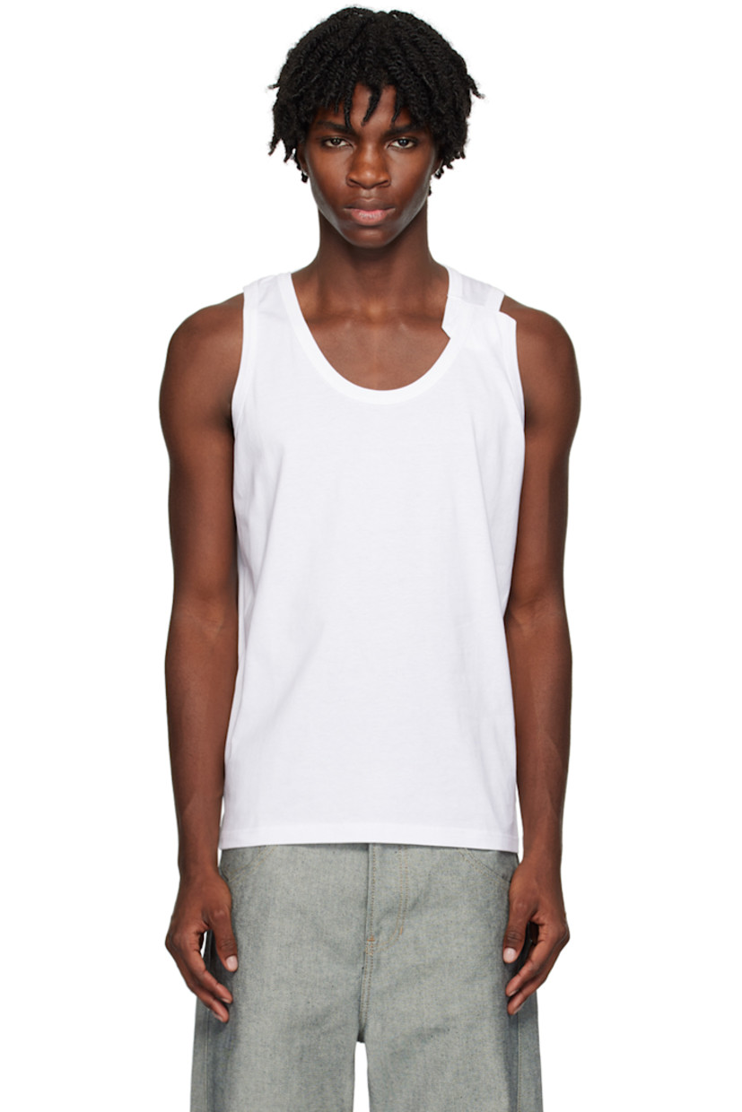 Cotton jersey tank top.

· Scoop neck
· Folded detailing at shoulders
· Extended webbing trim at inner collar

Supplier color: White