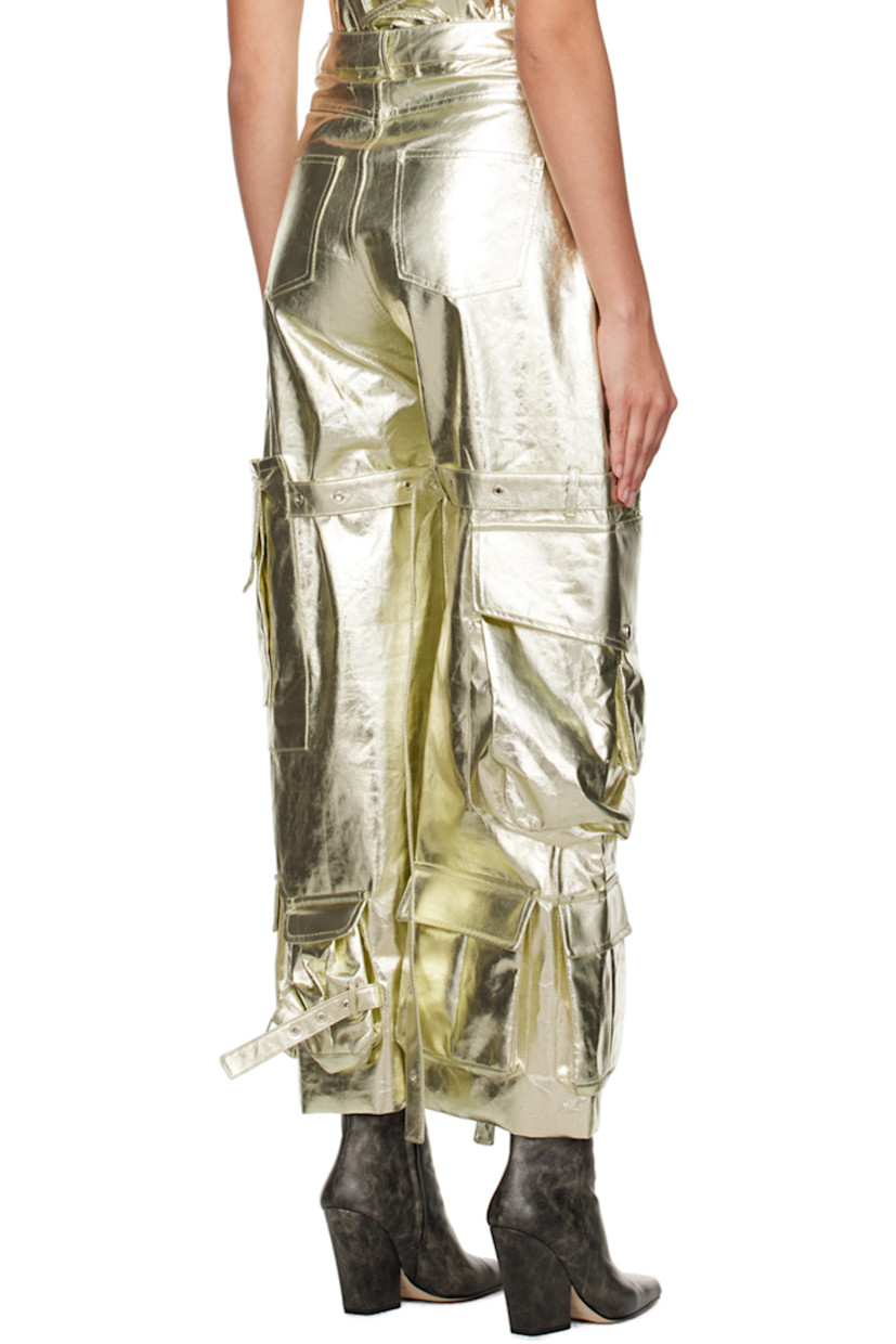 Wide-leg non-stretch coated denim jeans. Adjustable pin-buckle straps throughout. 

· Low-rise
· Belt loops
· Four-pocket styling
· Zip-fly
· Fraying at cuffs
· Flap pockets at outseams
  
Supplier color: Light gold