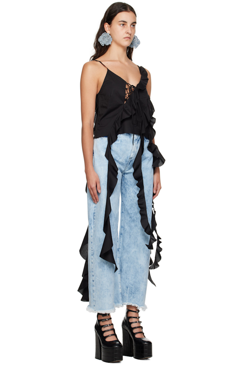 Cotton poplin tank top. Ruffled trim throughout.

· Adjustable spaghetti straps
· V-neck
· Self-tie fastening at front
· Extended trim at hem

Supplier color: Black