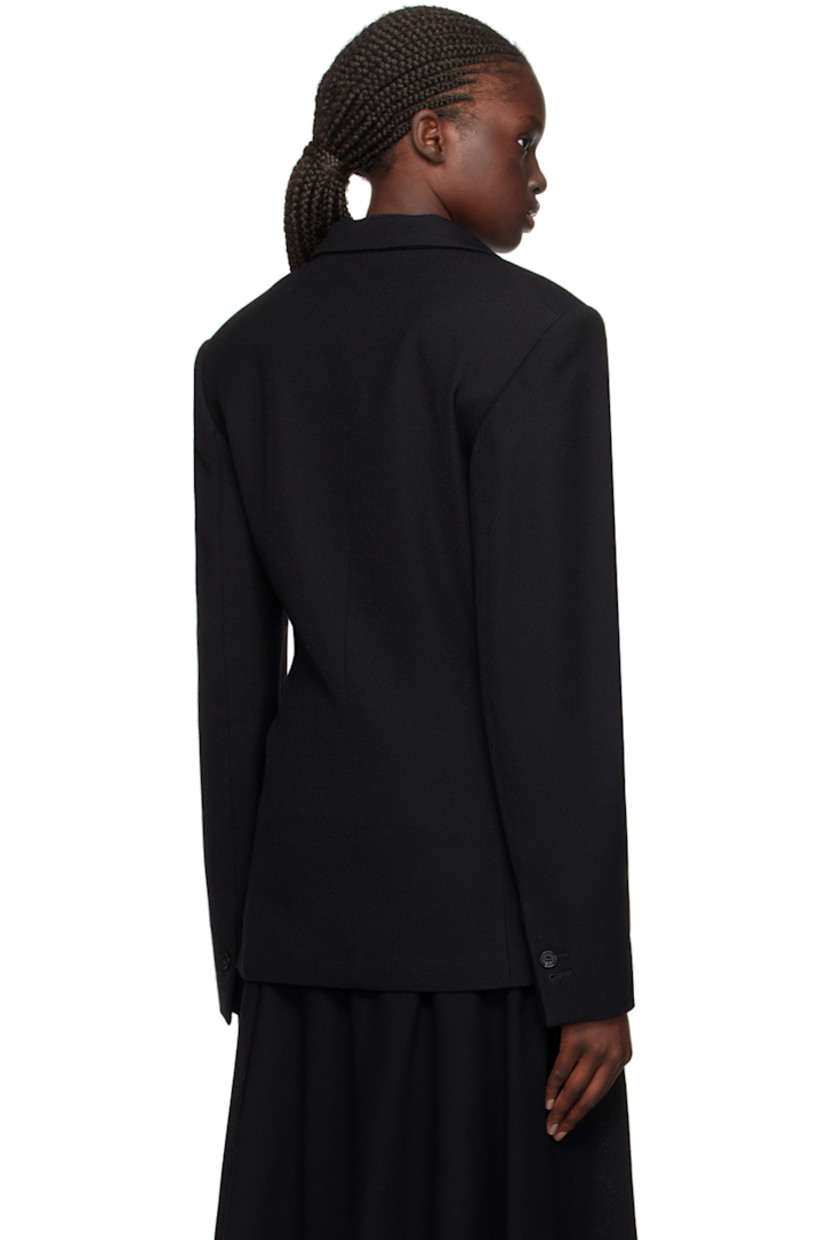 Virgin wool twill blazer.

· Peaked lapel
· Double-breasted button closure
· Welt pockets
· Padded shoulders
· Two-button surgeon's cuffs
· Welt pockets at interior
· Full viscose satin lining

Supplier color: Black