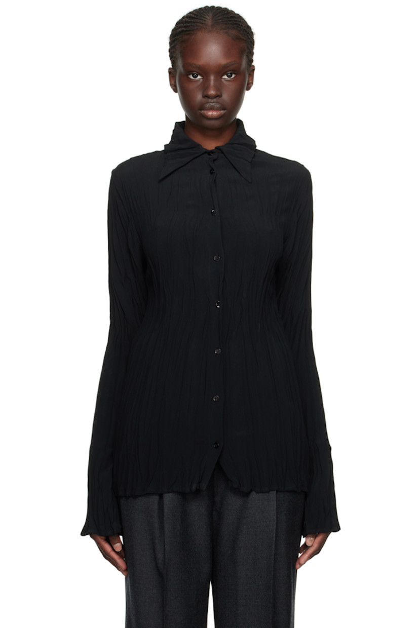 Garment-pleated plain-woven acetate- and viscose-blend shirt. 

· Spread collar
· Button closure

Supplier color: Black