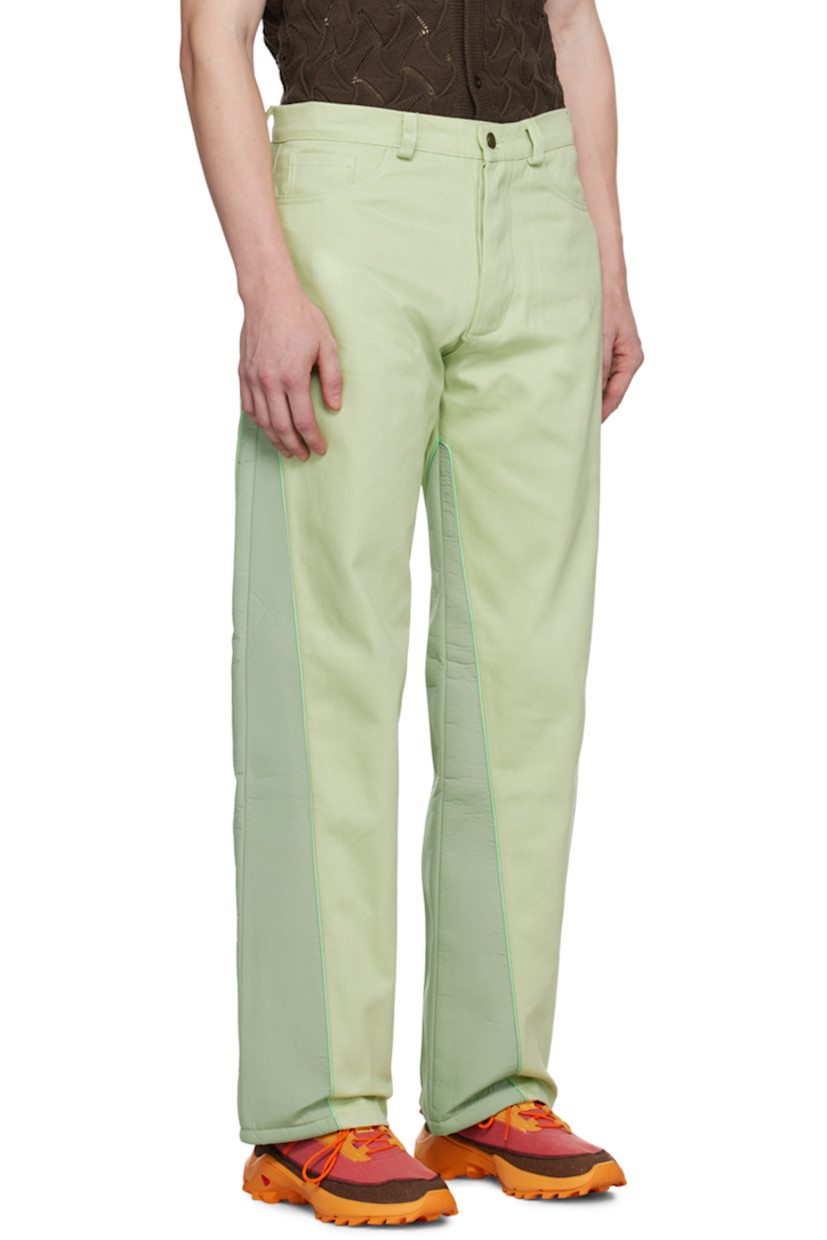 Non-stretch denim jeans. 

· Paneled construction
· Belt loops
· Five-pocket styling
· Button-fly
· Logo embroidered at front
· Ripstop panel and piping at inseam and outseam

Supplier color: Pale pistachio/Seafoam green