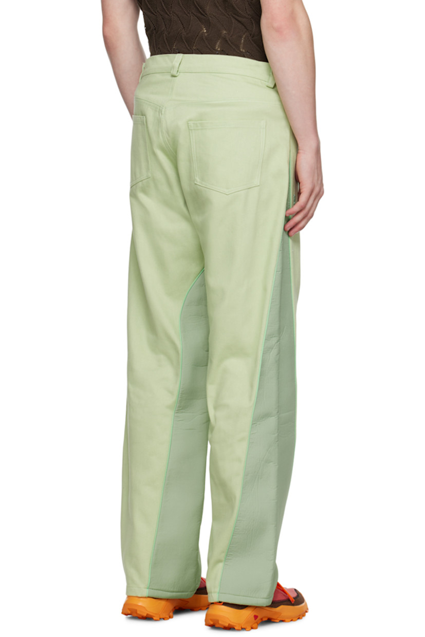 Non-stretch denim jeans. 

· Paneled construction
· Belt loops
· Five-pocket styling
· Button-fly
· Logo embroidered at front
· Ripstop panel and piping at inseam and outseam

Supplier color: Pale pistachio/Seafoam green