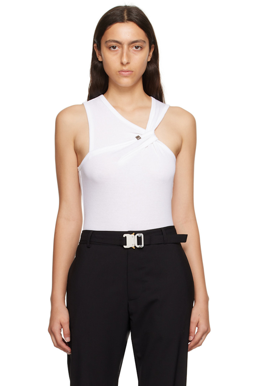 Ribbed cotton jersey tank top.

· Asymmetrical construction
· Modified crewneck
· Twisted detailing at front
· Logo hardware at front 

Supplier color: White