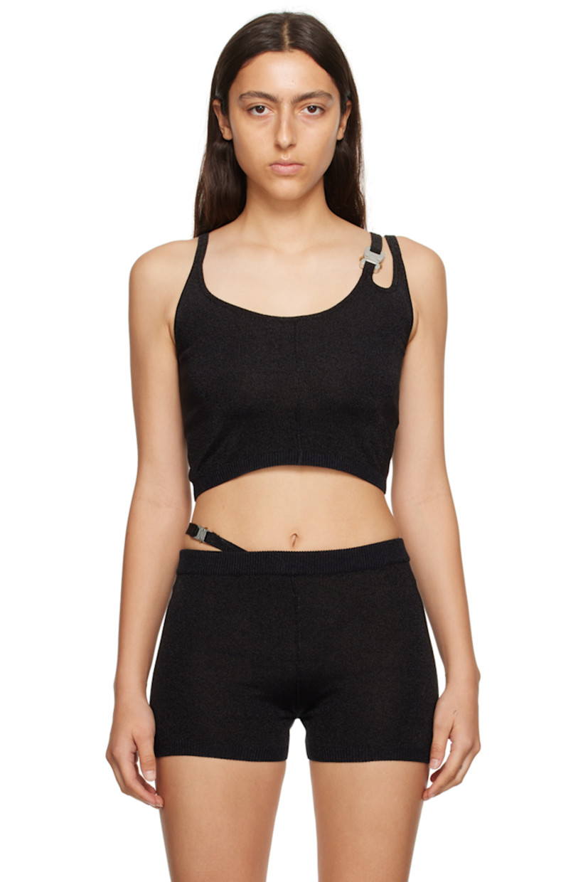 Knit viscose-blend tank top. Metallic thread detailing throughout.

· Asymmetrical construction
· Scoop neck
· Pinched seam at front and back
· Press-release fastening at twin spaghetti strap
· Rib knit hem
· Logo-engraved gunmetal-tone hardware

Supplier color: Black