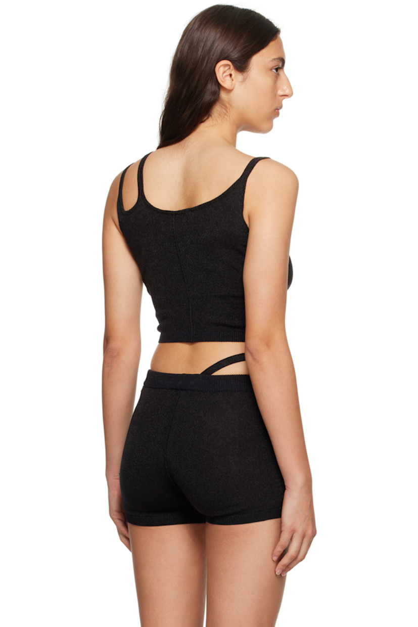 Knit viscose-blend tank top. Metallic thread detailing throughout.

· Asymmetrical construction
· Scoop neck
· Pinched seam at front and back
· Press-release fastening at twin spaghetti strap
· Rib knit hem
· Logo-engraved gunmetal-tone hardware

Supplier color: Black