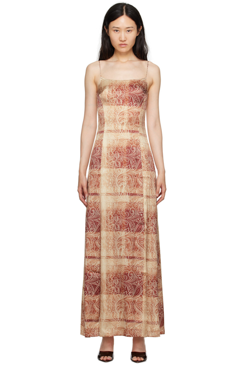 Stretch silk satin dress. Paisley pattern printed throughout. 

· Twin vents at front hem
· Fixed spaghetti straps
· Zip closure at back 

Available exclusively at SSENSE.

Supplier color: Brown paisley